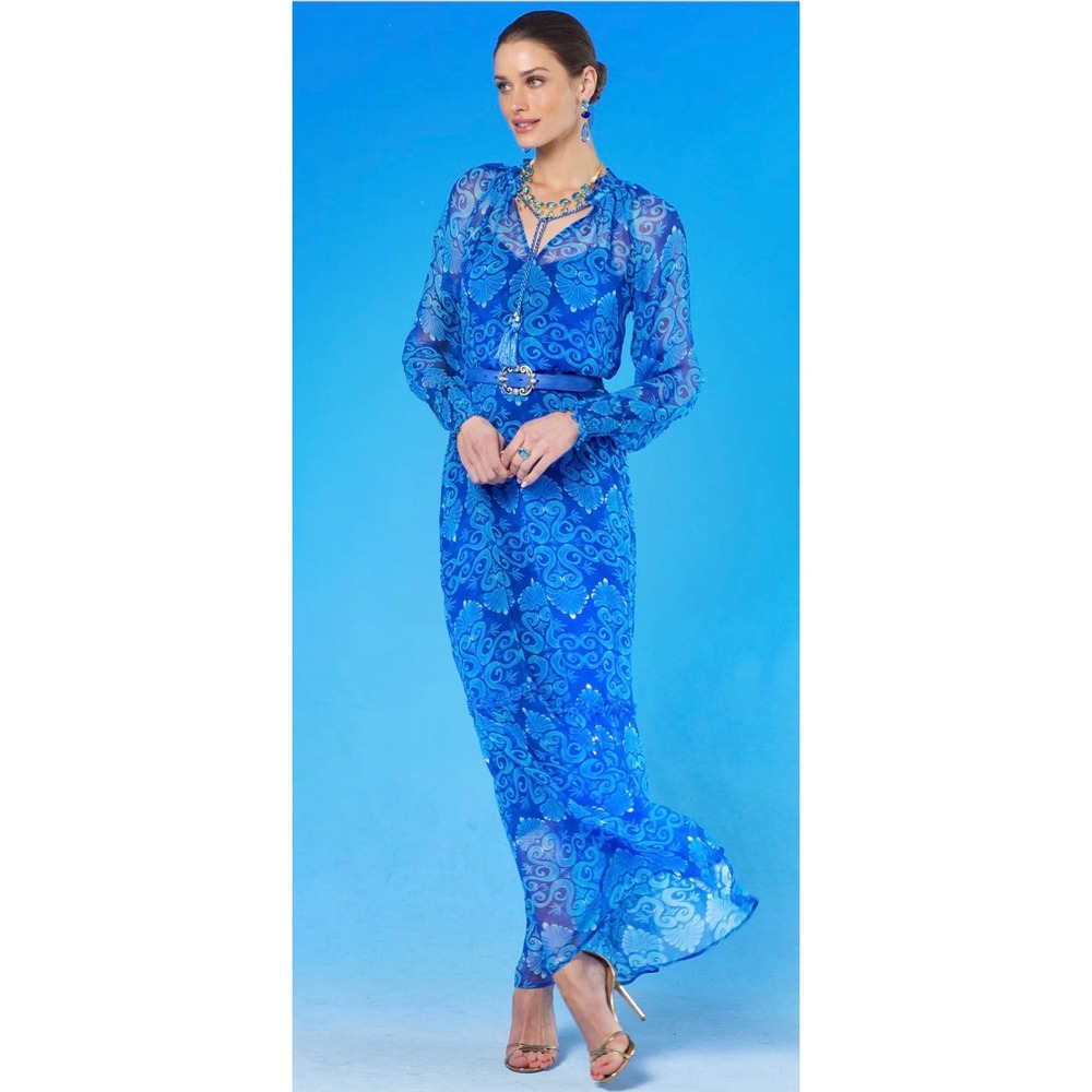 NICOBLU Celine Maxi Crinkle Chiffon Dress Blue Mediterranean Swirl Tassel *note